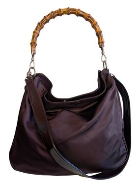 Gucci Vintage Bamboo Eggplant Nylon Hobo Shoulder Bag - EUC!
